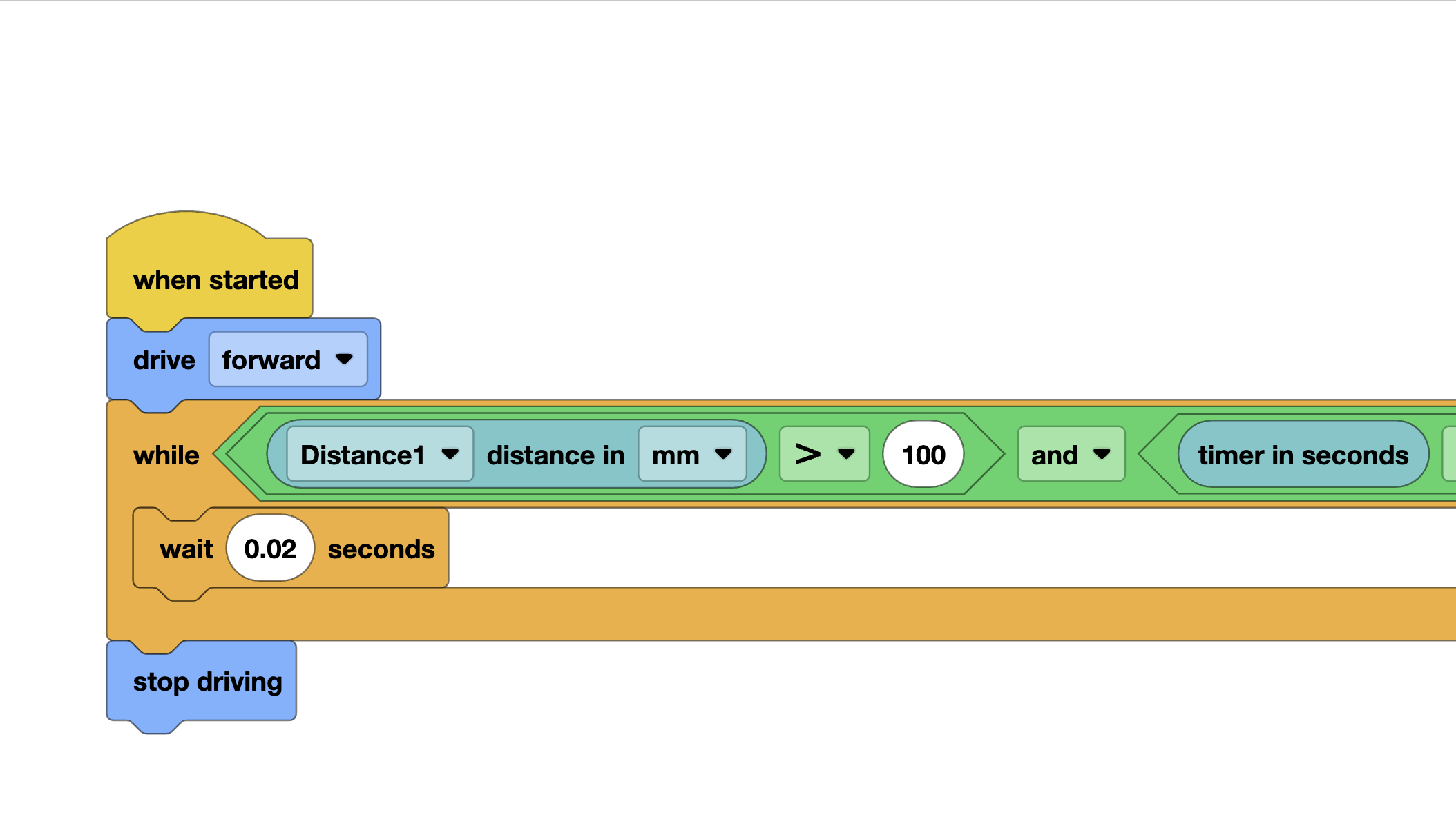 Sensor loop with timeout backup in VEXcode Blocks