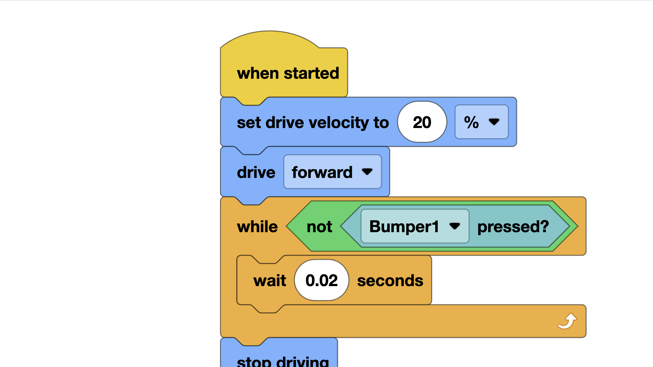 Wall alignment using bumper sensor in VEXcode Blocks